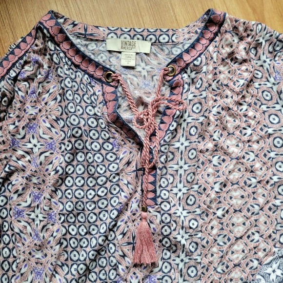 Vintage Havana Navy Blue And Pink Bohemian Printed Blouse Size Medium Tie Neck - Picture 3 of 8